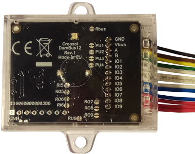 Creasol DomBus12: compact module for home automation system, with 9 configurable I/O Creasol DomBus31 8 relays output module