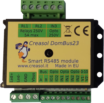 Creasol DomBus23: Smart Home RS485 module with 2x relays, 1x mosfet with dimming function, 2x I/Os, 2x 0-10V analog outputs that can be configured as open-drain outputs, 2x 12/24V opto inputs, 1x 230V opto input Creasol DomBus31 8 relays output module