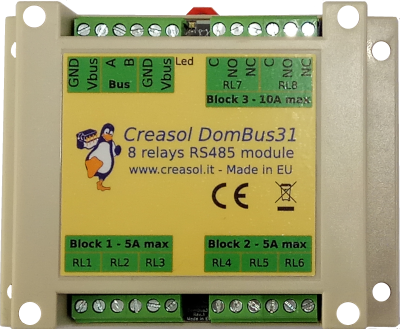 Creasol DomBus31: 8 relays module for home automation system, with very low power consumption Creasol DomBus31 8 relays output module