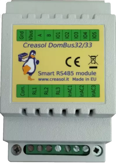 Creasol DomBus32 - Din rail module with 3 relay outputs, 3 AC inputs, 5 I/Os 3 relays smart home module