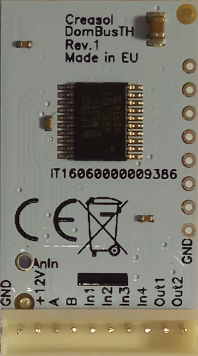 Creasol DomBusTH: Domoticz module with calibrated temperature+humidity sensors, 3 LEDs, 4 inputs, 1 analog input and 2 outputs Creasol DomBusTH: Domoticz module with calibrated temperature+humidity sensors, 3 LEDs, 4 inputs, 1 analog input and 2 outputs