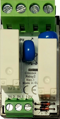 Creasol DomRelay2: compact module with 2 relays with overvoltage protection Creasol DomRelay2: 2 SPST 250V 5A relays with 12V 200mW coil