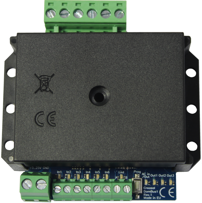 Creasol DomBus1: Domoticz board with 2 relays, 6 inputs, 1 AC input