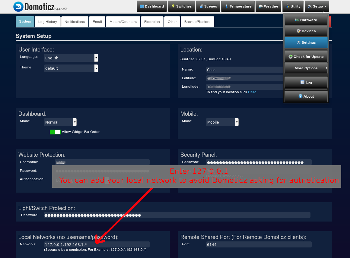 domoticz setup settings localnetworks